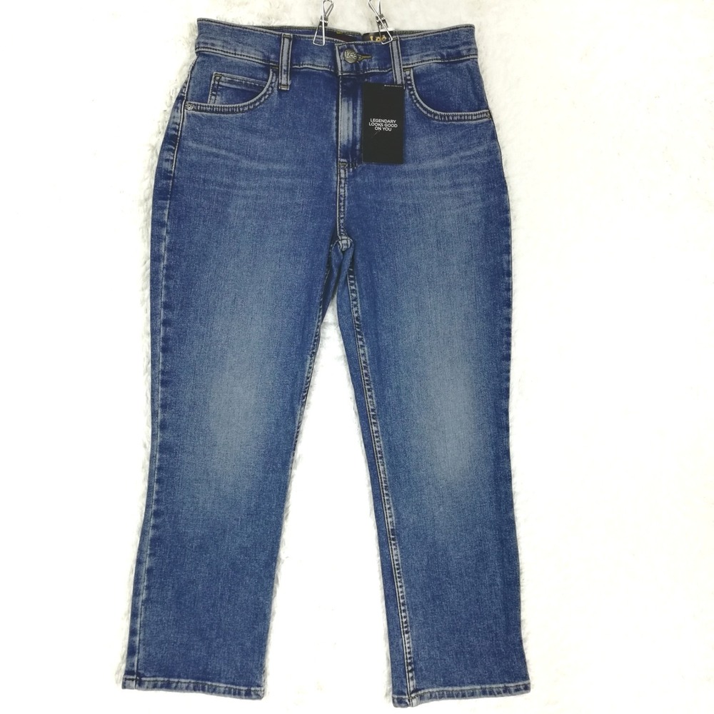Lee Womens Jeans Capri Mid Rise Blue Denim Medium Wash Whiskering 4‎ New